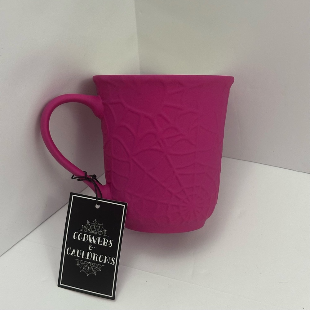 Cobwebs & Cauldrons, pink mug with embossed cobweb designs. Matte finish